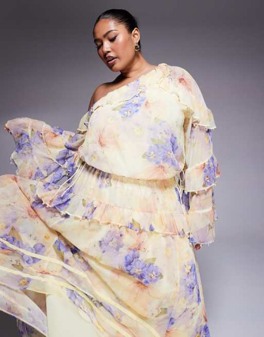 ASOS LUXE Curve pearl embellished chiffon exaggerated maxi dress in floral print, 3 of 4