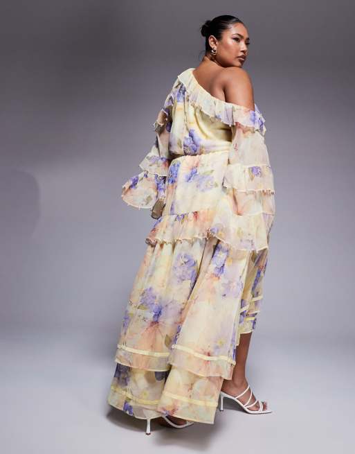 ASOS LUXE Curve pearl embellished chiffon exaggerated maxi dress in floral print, 4 of 4