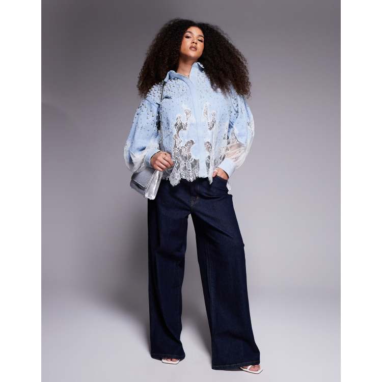 ASOS LUXE Curve pearl embellished denim shirt with lace details in