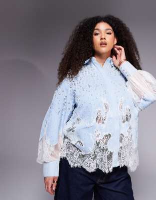 Asos Luxe Curve Pearl Embellished Denim Shirt With Lace Details In Blue