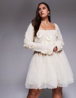 Asos Luxe Curve Pearl Embellished Mini Dress With Corsage Detail In Gold