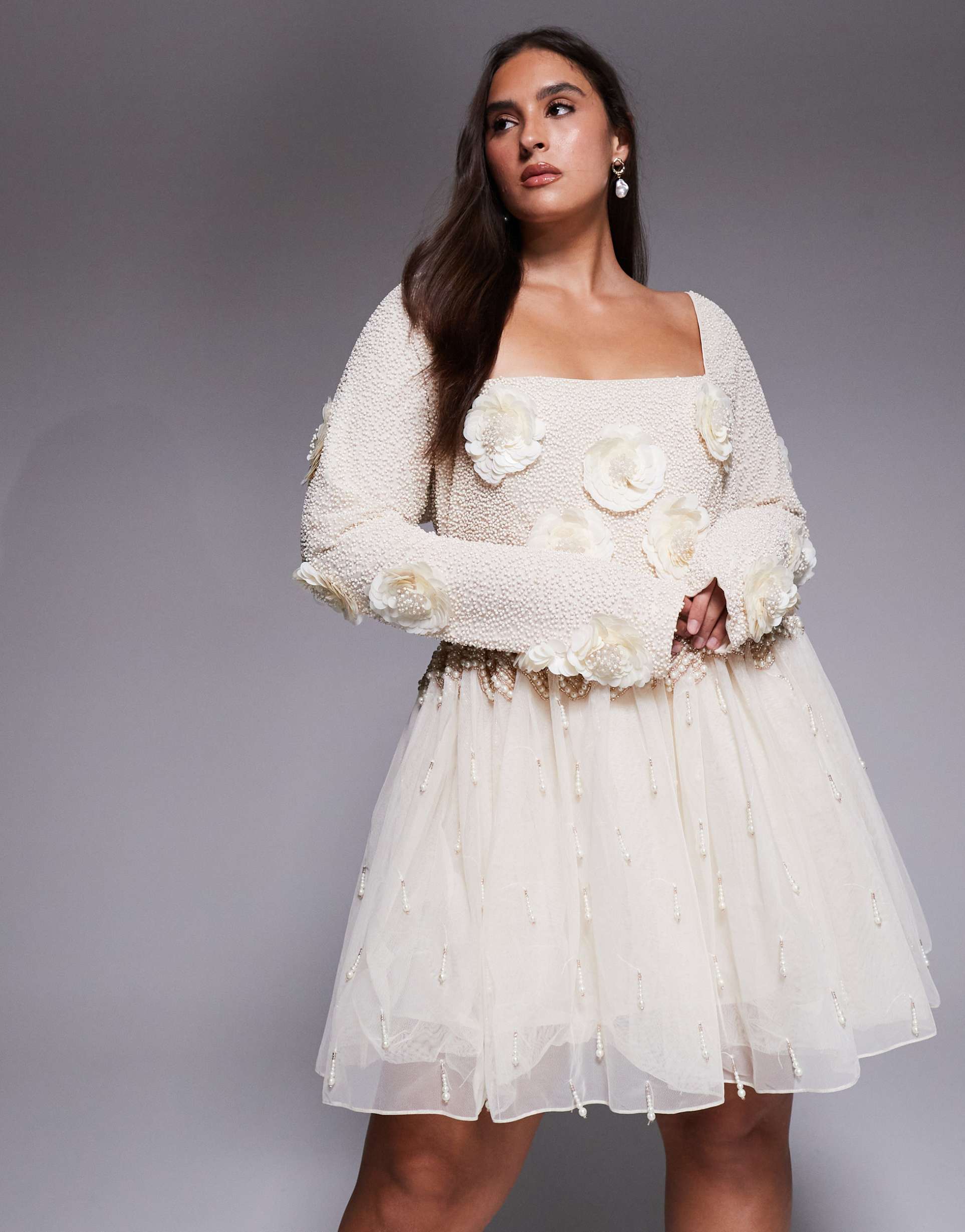 asos luxe curve pearl embellished mini dress with corsage detail in gold