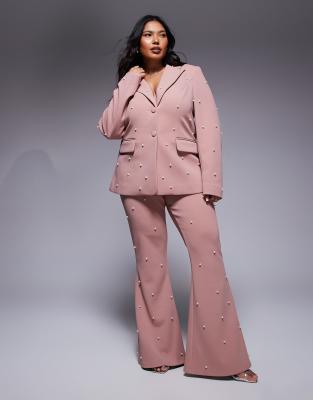 ASOS LUXE Curve pearl embellished tailored blazer and pearl embellished tailored trouser co-ord in dusty rose - view 1
