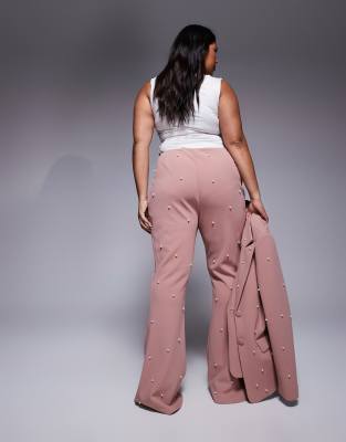 ASOS LUXE Curve pearl embellished tailored pants in dusty rose - part of a set