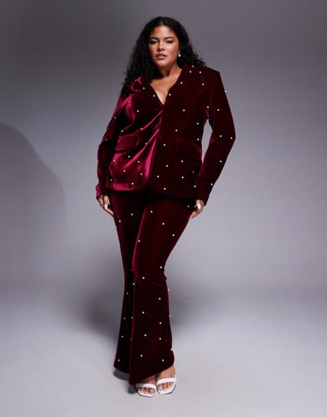 ASOS LUXE Curve pearl embellished velvet blazer and tailored trousers in burgundy - view 1