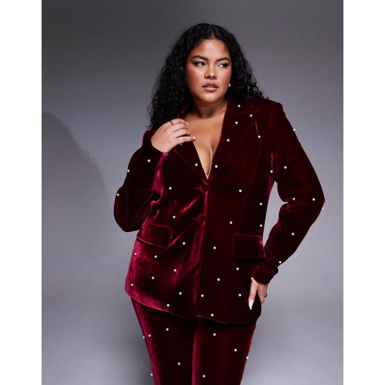 ASOS LUXE Curve pearl embellished velvet blazer in burgundy - part