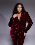 [ASOS LUXE] ASOS LUXE Curve pearl embellished velvet blazer in burgundy (part of a set)-Red 18 BURGUNDY