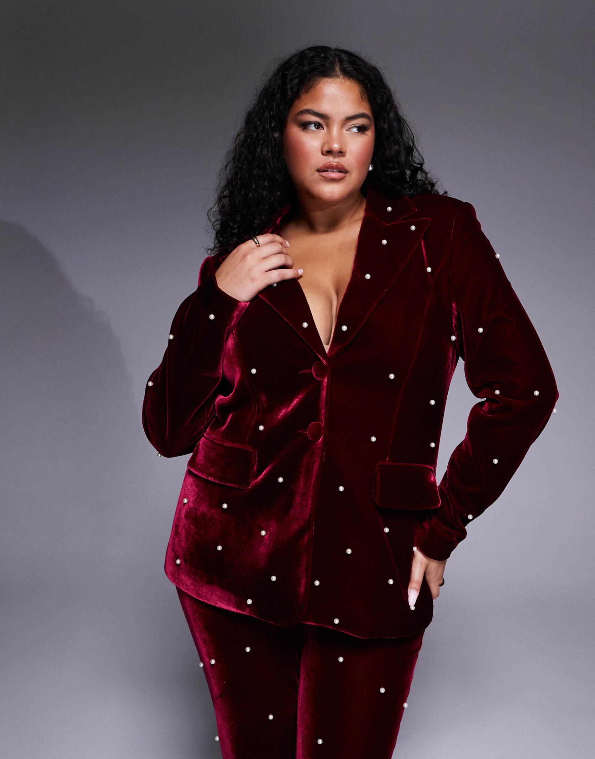 asos luxe curve pearl embellished velvet blazer in burgundy - part of a set