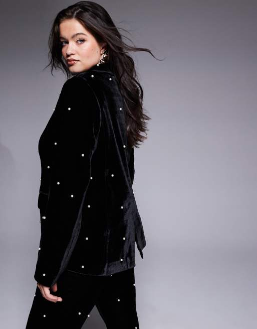ASOS LUXE Curve pearl embellished velvet co-ord blazer in black, 3 of 4
