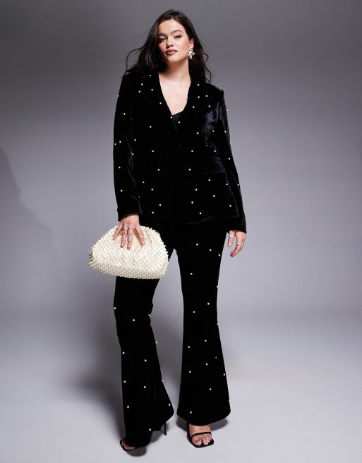 ASOS LUXE Curve pearl embellished velvet co-ord blazer in black