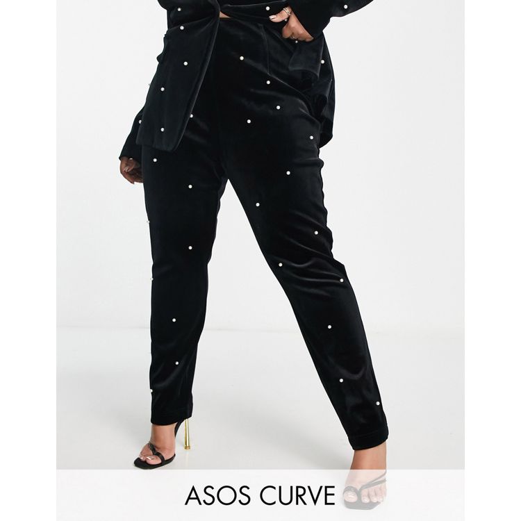 ASOS LUXE Curve pearl velvet fitted pants in black - part of a set