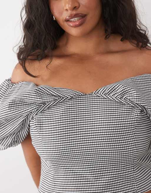 ASOS LUXE Curve - Peplum top met blote schouders en gingham ruit, deel van co-ord set, 3 van 4