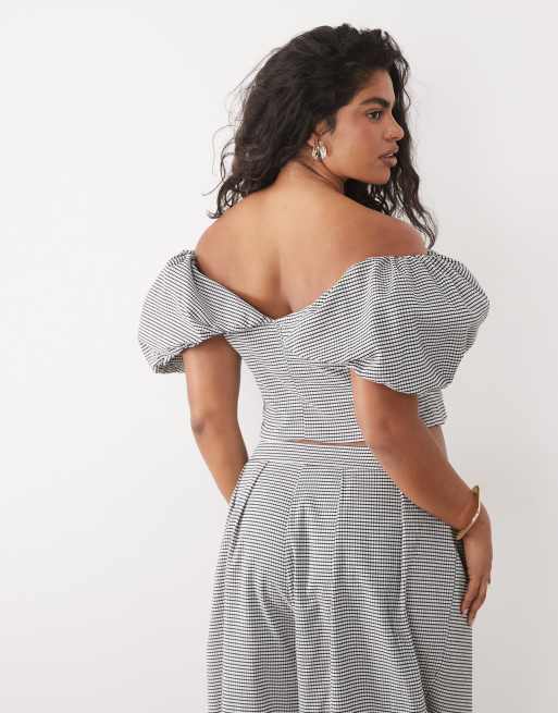 ASOS LUXE Curve - Peplum top met blote schouders en gingham ruit, deel van co-ord set, 4 van 4