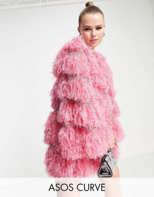 ASOS LUXE Curve - Pink udsmykket plunge-minikjole med imiterede fjer