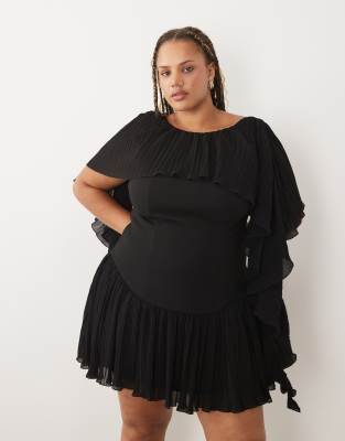 Asos Luxe Curve Pleated Shoulders Drape Structured Mini Dress With Frill Skirt In Black