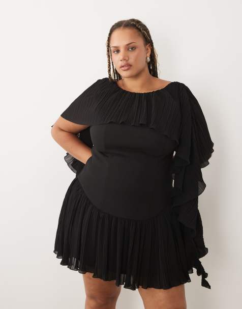 ASOS LUXE Curve pleated shoulders drape structured mini dress with frill skirt in black - view 1