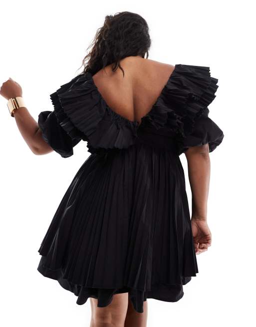 ASOS LUXE Curve – Plissiertes kurzes Skater-Kleid aus Baumwoll-Popeline in Schwarz, 3 von 4