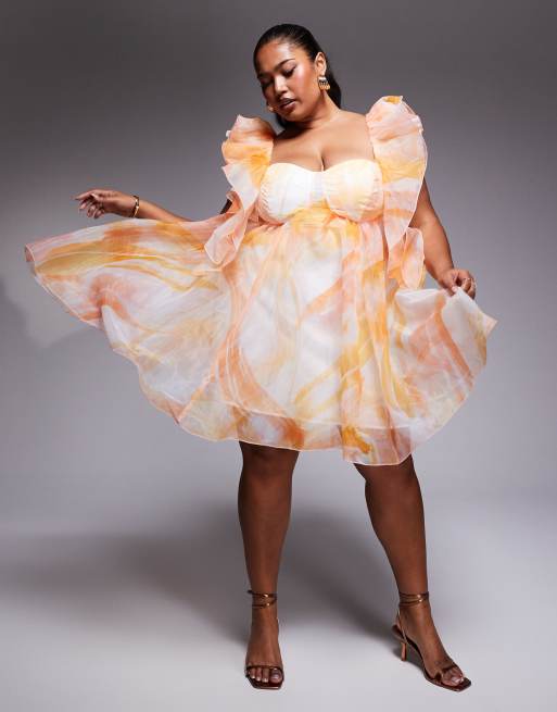 ASOS Luxe Curve – Pomarańczowa sukienka babydoll mini skater z organzy w kwiatowy wzór