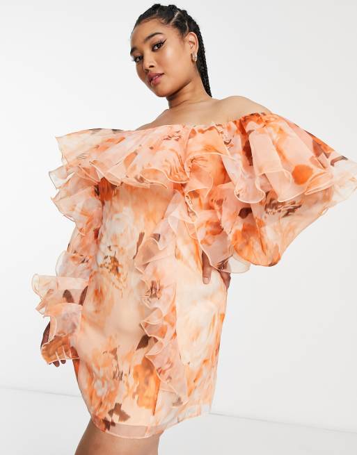 ASOS Luxe Curve – Pomarańczowa sukienka z organzy w kwiatowy wzór z falbanką 