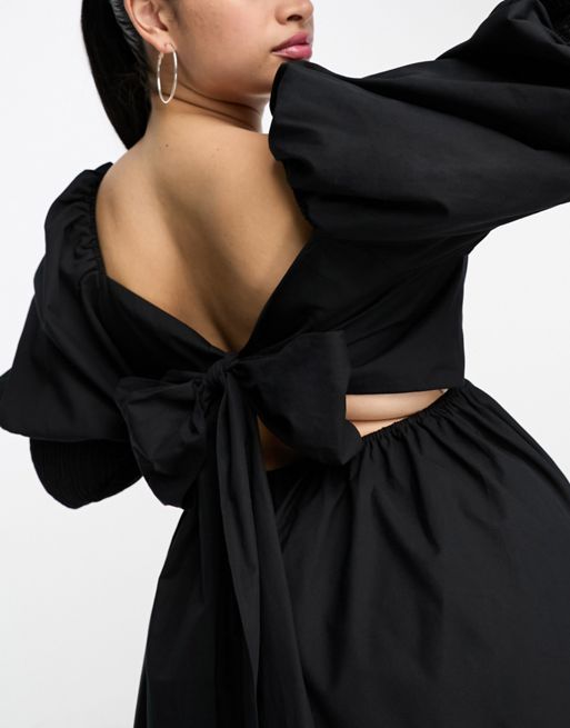 ASOS LUXE poplin shirred puff sleeve mini dress in black