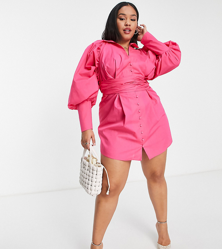 ASOS LUXE Curve poplin shirt dress with puff sleeves in hot pink