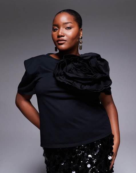 ASOS LUXE Curve premium corsage t-shirt in black
