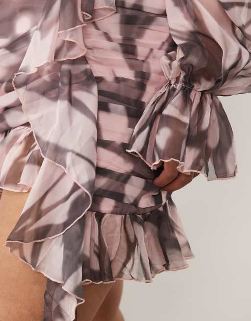 ASOS LUXE Curve printed ruched mini dress with ruched skirt detail in blurred polka dot, 4 of 4