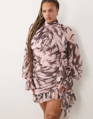 Asos Luxe Curve Printed Ruched Mini Dress With Ruched Skirt Detail In Multi