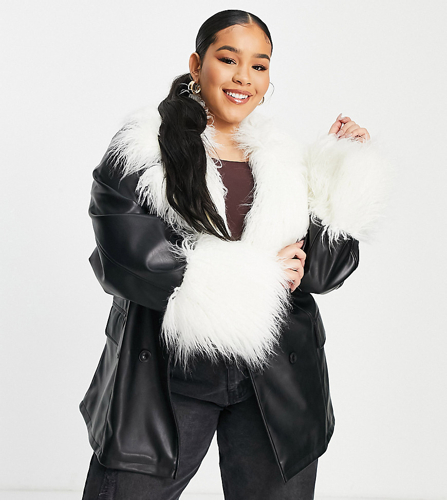 ASOS LUXE Curve pu tie waist jacket with shearling collar and cuffs in black