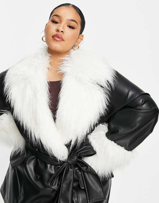 ASOS LUXE Curve PU tie waist jacket with shearling collar and cuffs in black, 3 of 4