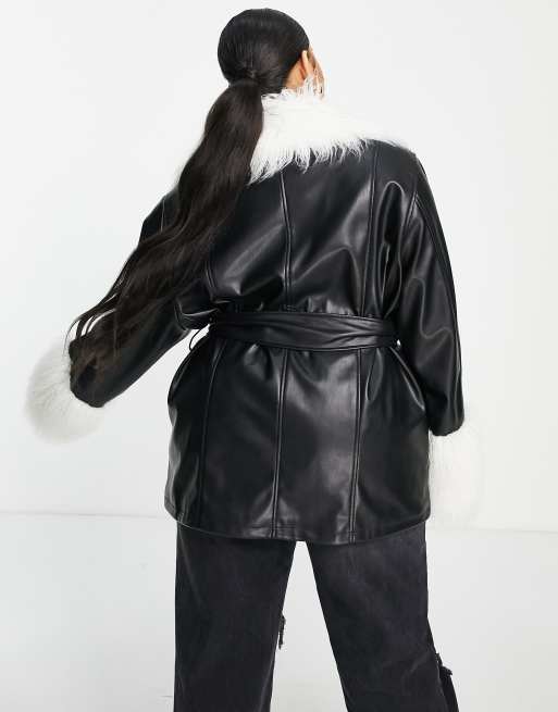 ASOS LUXE Curve pu tie waist jacket with shirling collar and cuffs in black, 4 of 4