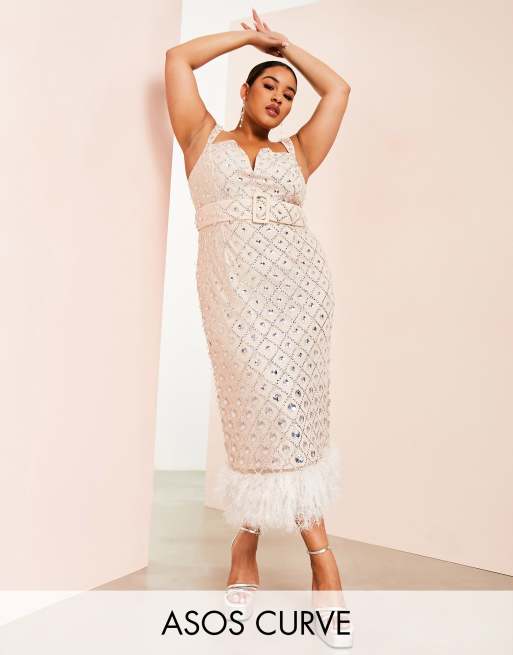ASOS LUXE Curve - Pudderfarvet midikjole med V-hals og firkantet gitterudsmykning og imiterede fjerdetaljer