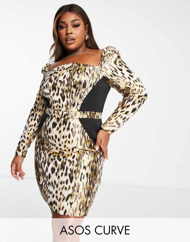 ASOS LUXE Curve puff shoulder square neck belted midi skirt in animal print jacquard