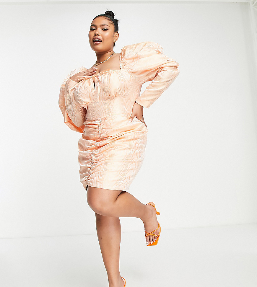 ASOS LUXE Curve puff sleeve corset dress in coral swirl jacquard-Pink
