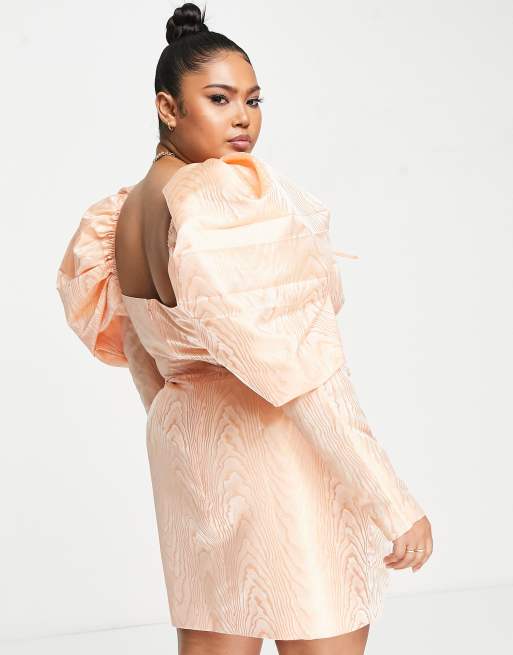 curve corset dress ASOS LUXE Curve puff sleeve corset dress in coral swirl jacquard
