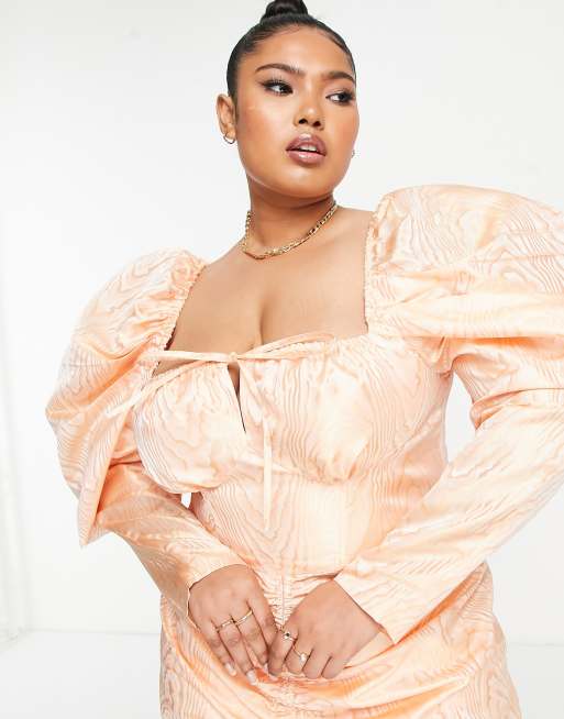 ASOS LUXE Curve puff sleeve corset dress in coral swirl jacquard | ASOS