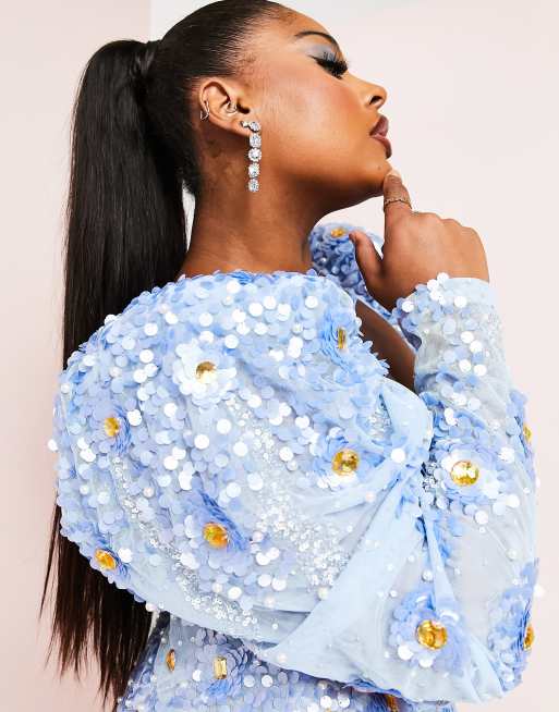 asos blue puff sleeve dress ASOS DESIGN soft denim puff sleeve mini dress with frill detail in mid blue