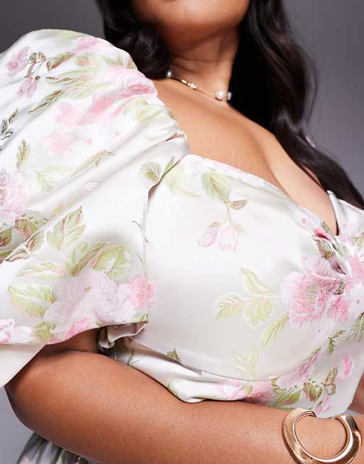 ASOS LUXE Curve puff sleeve top in tulip jacquard - part of ASOS LUXE Curve puff sleeve top in tulip jacquard - part of