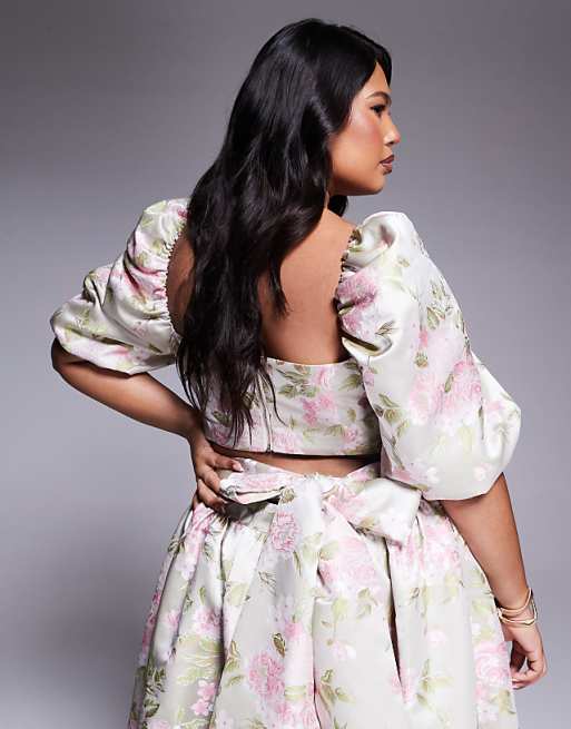 ASOS LUXE Curve puff sleeve top in tulip jacquard - part of ASOS LUXE Curve puff sleeve top in tulip jacquard - part of