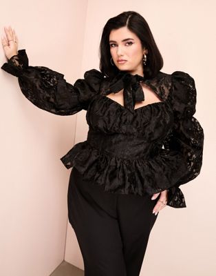 ASOS LUXE Curve pussy bow puff sleeve lace top in black