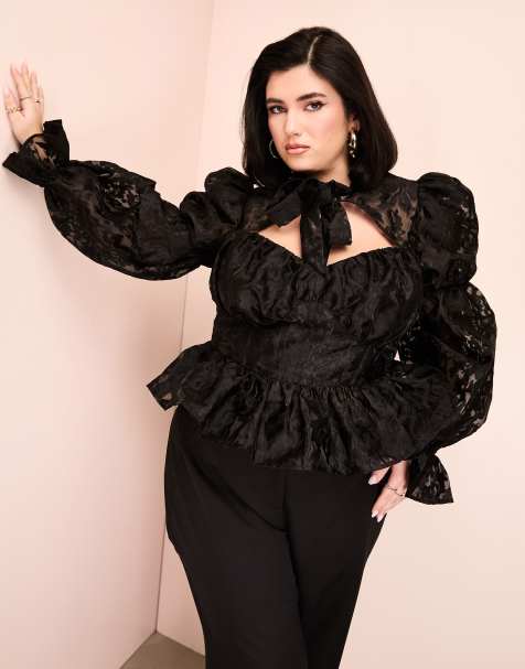 ASOS LUXE Curve pussy bow puff sleeve lace top in black 