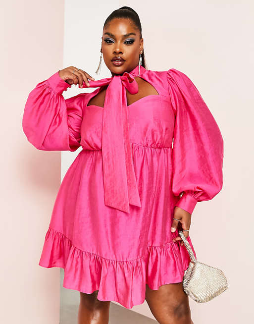 ASOS LUXE Curve pussybow cupped mini dress with blouson ASOS LUXE Curve pussybow cupped mini dress with blouson
