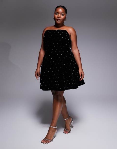 ASOS LUXE Curve quilted velvet mini dress with diamante details in black - view 1