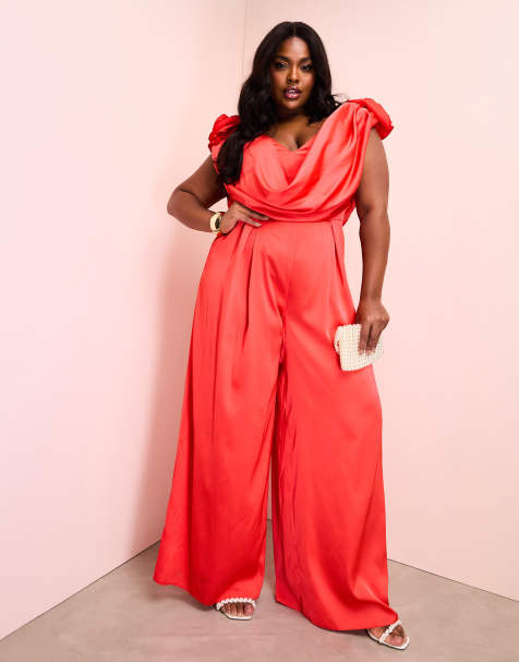 ASOS LUXE Curve - Rødt jumpsuit med corsage-detalje, dyb udskæring og vide ben i satin - view 1