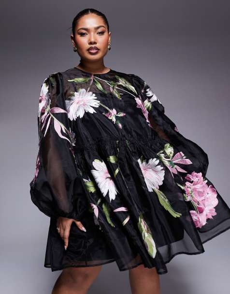 ASOS LUXE Curve - Robe babydoll courte et oversize en organza à fleurs brodées - Noir - view 1
