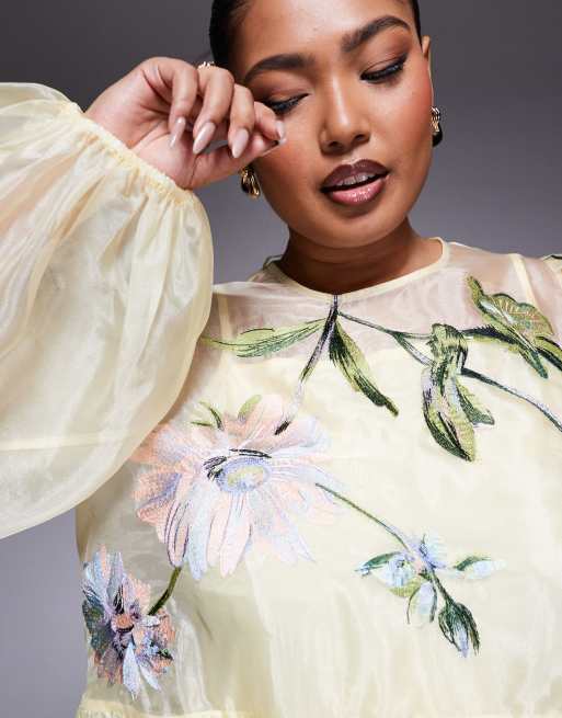 ASOS LUXE Curve - Robe babydoll courte et oversize en organza avec broderies fleuries - Jaune, 4 de 4