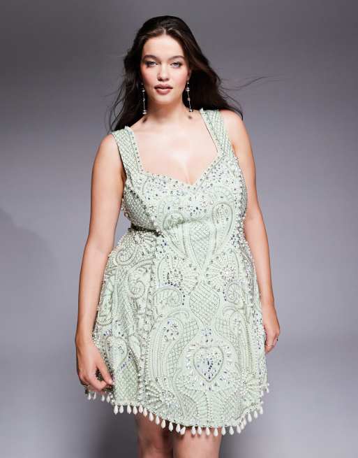 ASOS LUXE Curve - Robe courte à ornements effet cage en coton avec encolure en cœur - Vert sauge