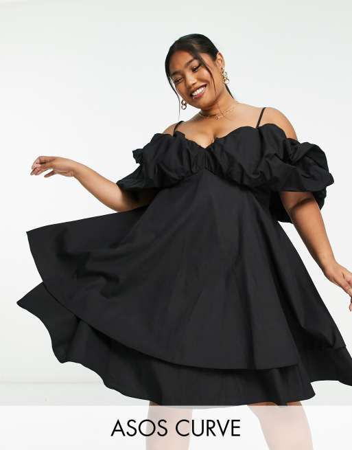 ASOS LUXE Curve - Robe courte effet boule à encolure Bardot - Noir
