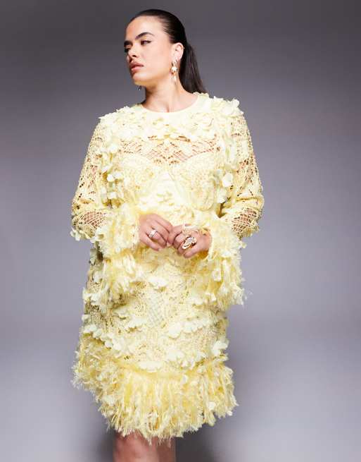 ASOS LUXE Curve - Robe courte en broderie anglaise avec fleurs en relief et ourlet à plumes synthétiques - Babeurre, 2 de 4