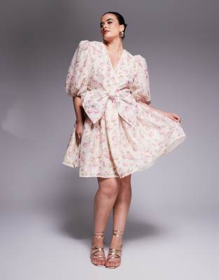 Curve - Robe courte en jacquard à manches bouffantes et naud - Imprimé fleurs-Blanc 50